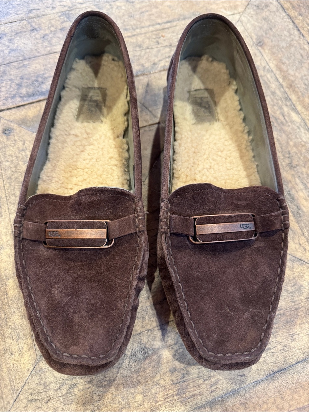 UGG Women's Dark Brown Suede Shearling-Lined Bit Loafers Size: 11
